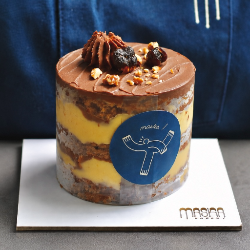 A Maska Bakery signature layered celebration cake with the Maska logo
