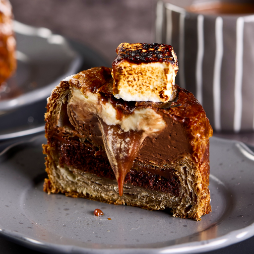 Hot Chocolate Croissant Cake with torched marshmallow and molten centre